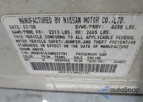 2008 Infiniti G35 Journey z USA, uszkodzony, nr VIN JNKBV61E38M227791